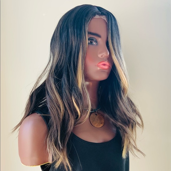 Shoulder Length Black/Auburn/Blonde Body Wave Lace Part Synthetic Wig - Unisex - Picture 3 of 7